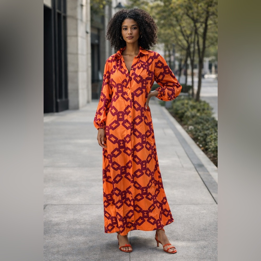 Vibrant Orange and Red Patterned Maxi Dress